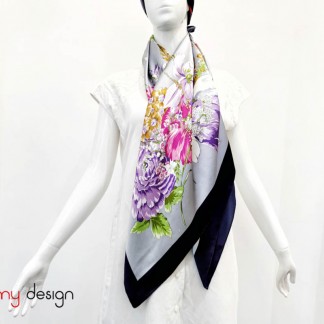 Square silk scarf with  flower pattern and blue border